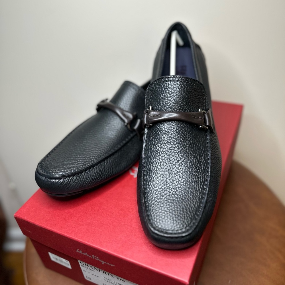 Salvatore Ferragamo Black Loafers with Brown Metal Buckle